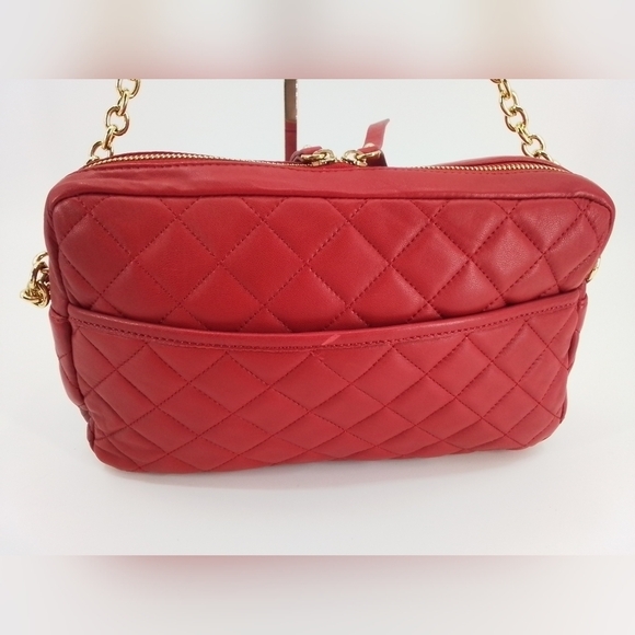 ISAAC Mizrahi RED Quilted Leather Crossbody Handbag Tan Chain Strap Shoulder Bag - Picture 5 of 13